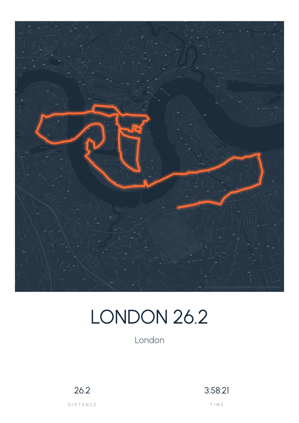 Custom running route print of a London marathon in the Midnight navy map style