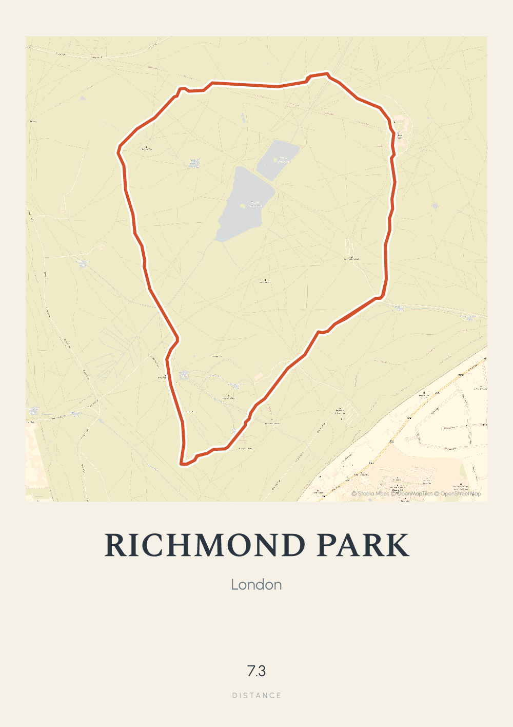 Running route map print of Richmond Park in the Classic atlas style