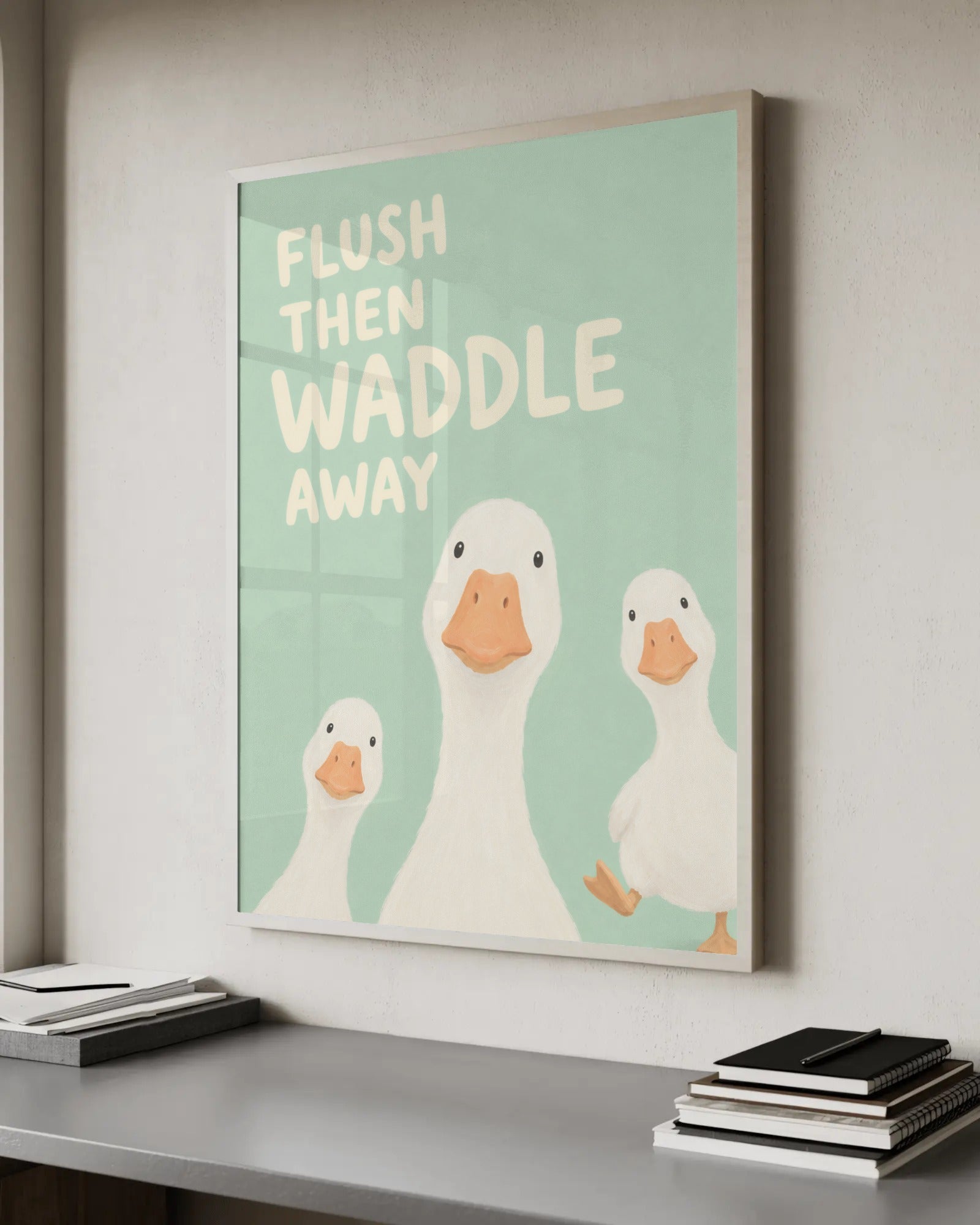 Soft painterly illustration of three cute white ducks on a mint-green background with the words "Flush then waddle away".
