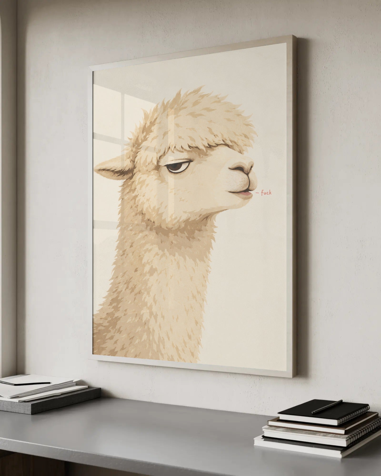 Soft painterly illustration of a fluffy alpaca in side profile with half-lidded eyes, muttering the word f*ck, in beige and cream.