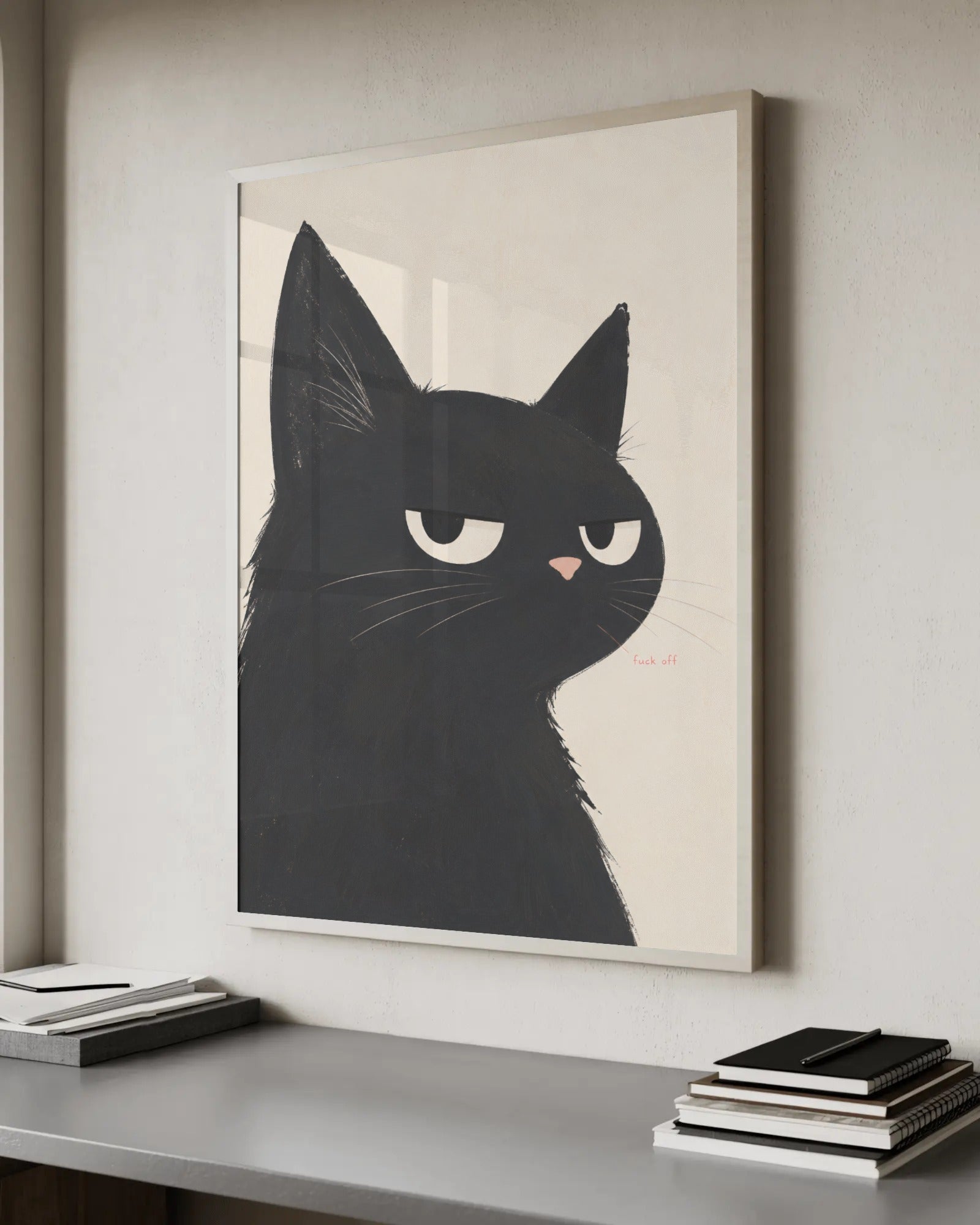 Matte painterly illustration of a deadpan black cat giving side-eye over its shoulder on a cream background, with the muttered words f*ck off.