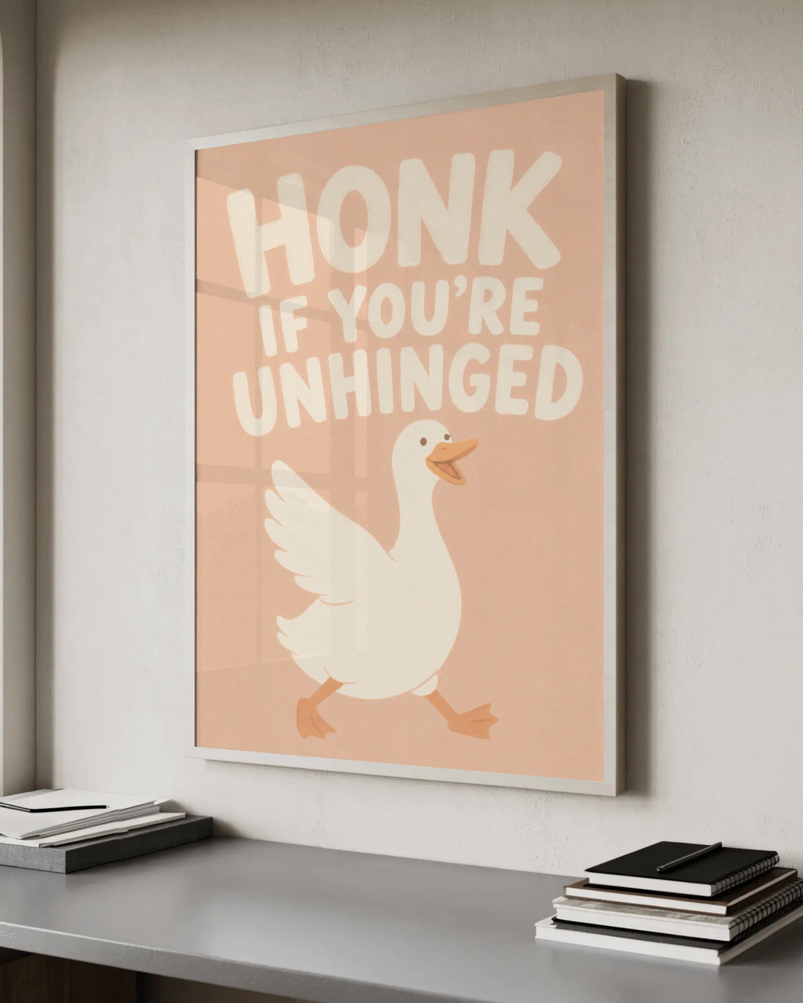 Soft illustration of a cute white duck mid-strut on a peach background, with the caption "Honk if you're unhinged" above it.