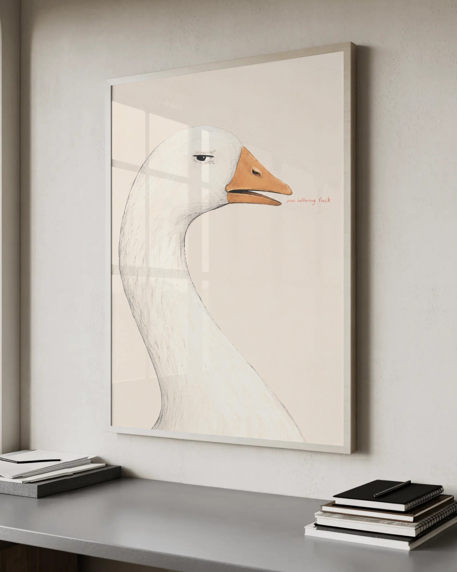 Pencil and painterly illustration of a deadpan goose head and long neck with a half-lidded eye on a cream background, with the small muttered words "jesus suffering f*ck" beside it.