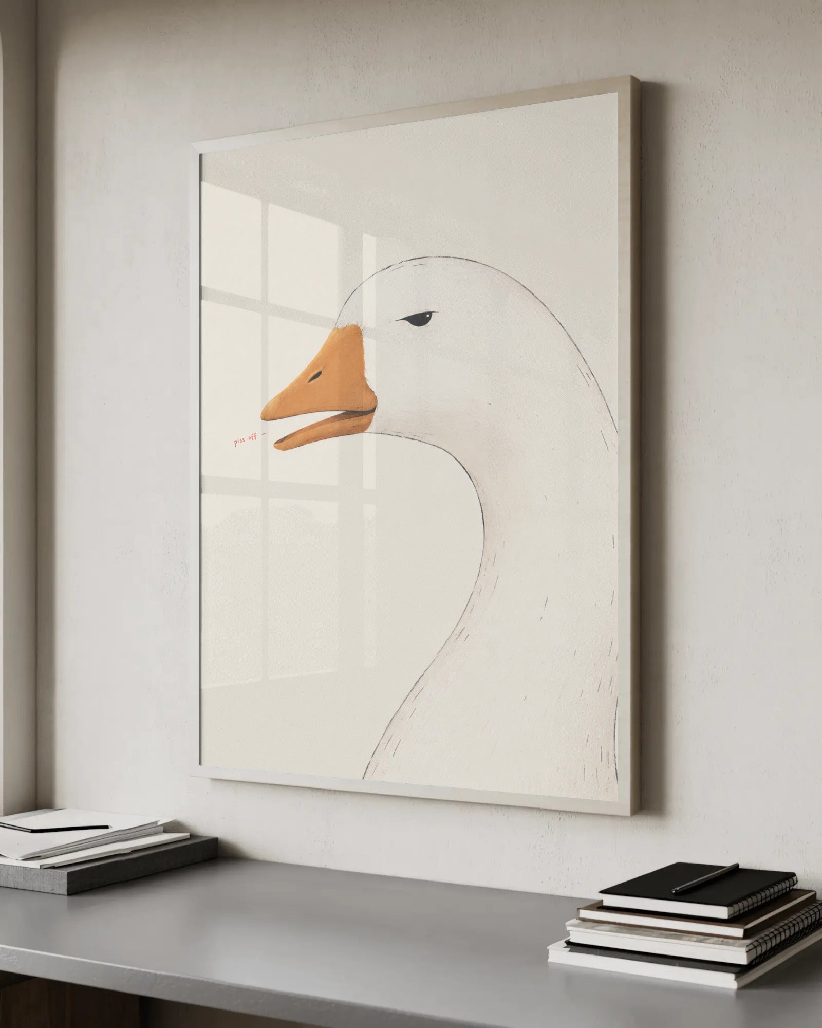 Pencil and painterly illustration of a deadpan white goose in profile on cream, with the muttered words "p*ss off" beside it.