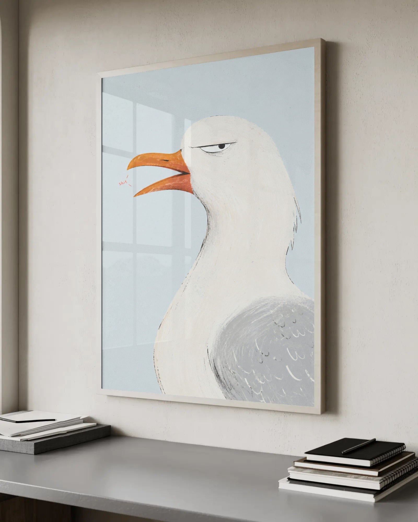 Painterly illustration of a deadpan herring gull mid-squawk with its beak open on a pale blue background, muttering the word "sh*t".