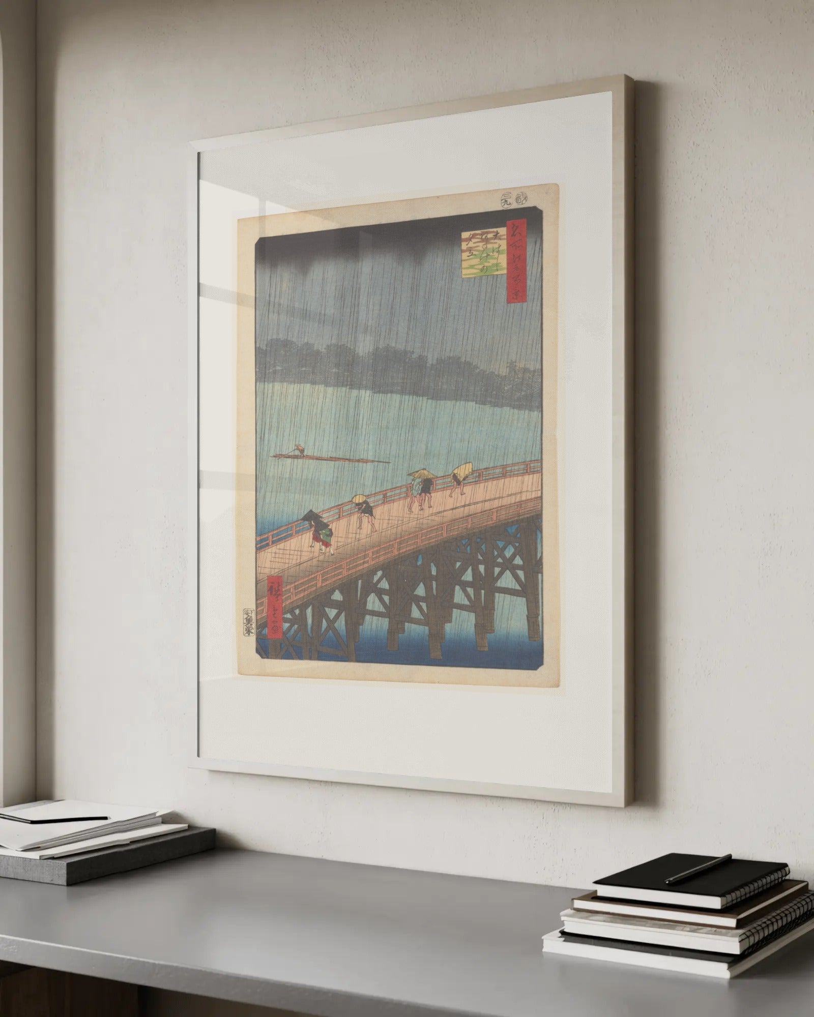 Sudden Shower over Shin-Ōhashi Bridge and Atake Art Print by Utagawa Hiroshige