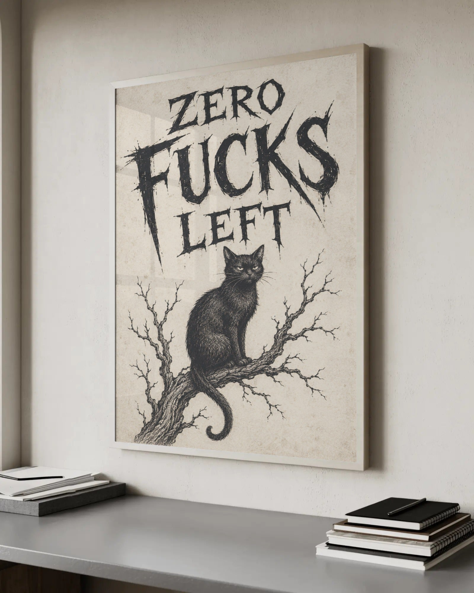 Vintage witchy engraving of a black cat on a bare gnarled branch, with gothic lettering above reading Zero F*cks Left, in sepia on aged off-white paper